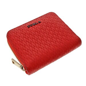 FURLA Round Zip Compact Wallet Leather Braided Red